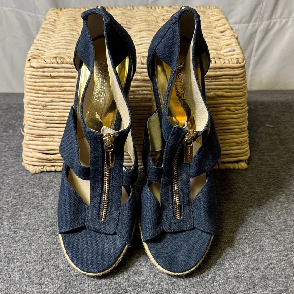 Michael Kors Navy‎ Canvas Espadrille Wedge Sandals Gold Zip Size 9.5